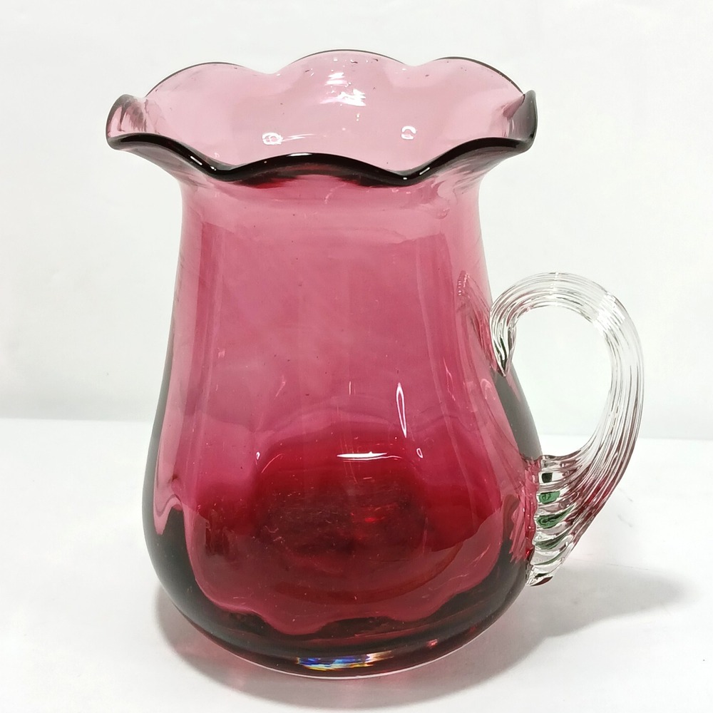 Vintage Cranberry Glass Pitcher Ruffled Rim Clear Applied Handle 4.25 inch - Picture 3 of 8